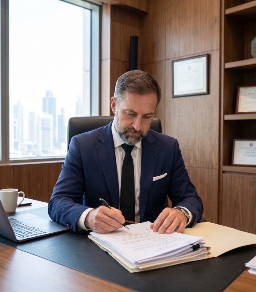 Shaun Gregory Morgan reviewing legal documents at Emirates Towers office, Dubai — Franklin Morgan Law corporate lawyer